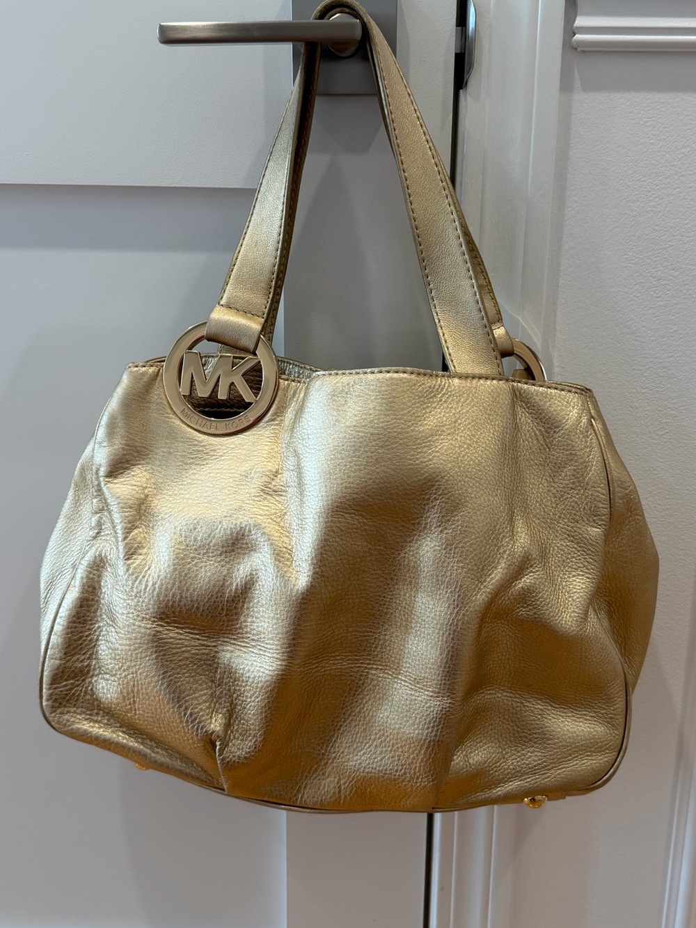 Michael Kors Women Fulton Shoulder Handbag Metallic Gold Leather MK Emblem